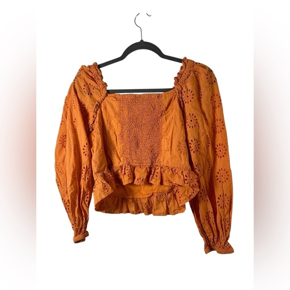 Vero Moda Orange Eyelet Puff Sleeve Peplum Blouse Size L - Picture 3 of 7